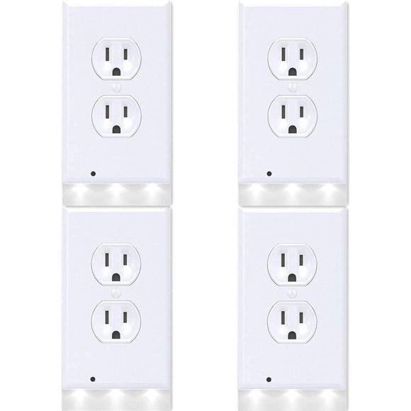 Lot de 4 Plaques de Couverture pour Prise Murale Recto Verso avec Veilleuse DEL, à Clipser sur Prise Électrique Recto Verso - Installation Facile, Capteur du Crépuscule à l'Aube