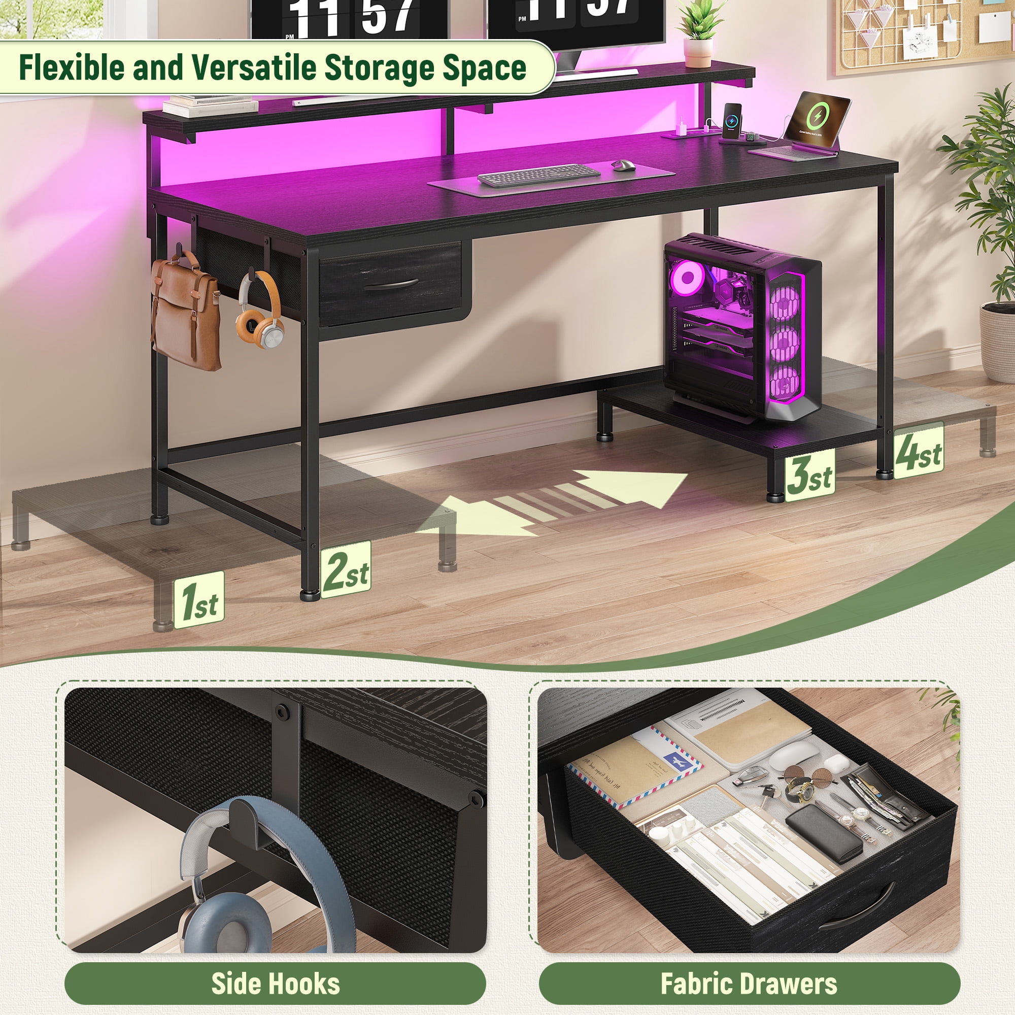 Romorgniz Gaming Desk with Power Outlet, Fabric Drawer & RGB LED Lights, Black Computer Desk with Adjustable Monitor Stand & CPU Holder for Home Office