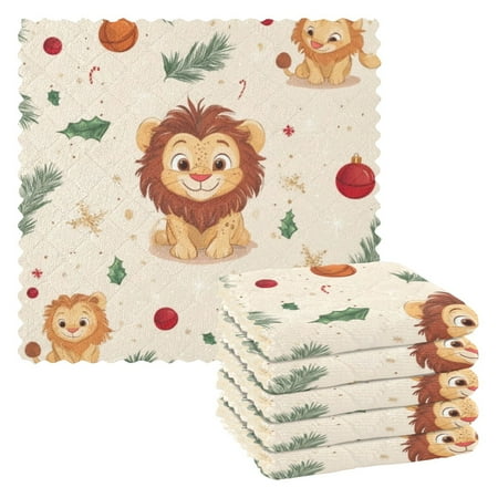 

6 Pieces of Kitchen Towels 11x11Inch Kitchen Dish Cloths Kitchen Dish Towels Reuseable Cleaning Cloths Christmas Cartoon Lion