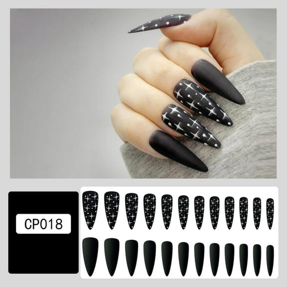 Starry Long Almond Fake Nails Star Pattern Frosted False Nail for Women and Girls Daily Decoration Jelly Glue Model