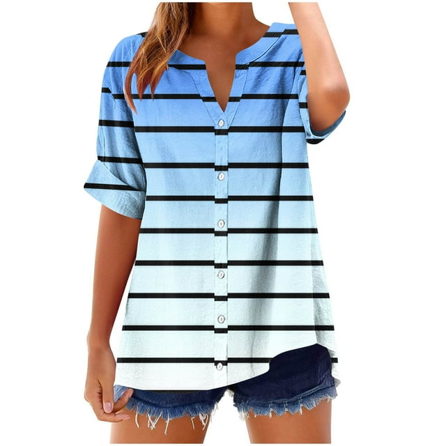 Swstbby Summer Savings Clearance! Womens Summer Tops, Women's V-neck Short Sleeve Non Positioning Printed Summer Button Short Sleeve Loose And Fashionable T-shirt Light Blue L