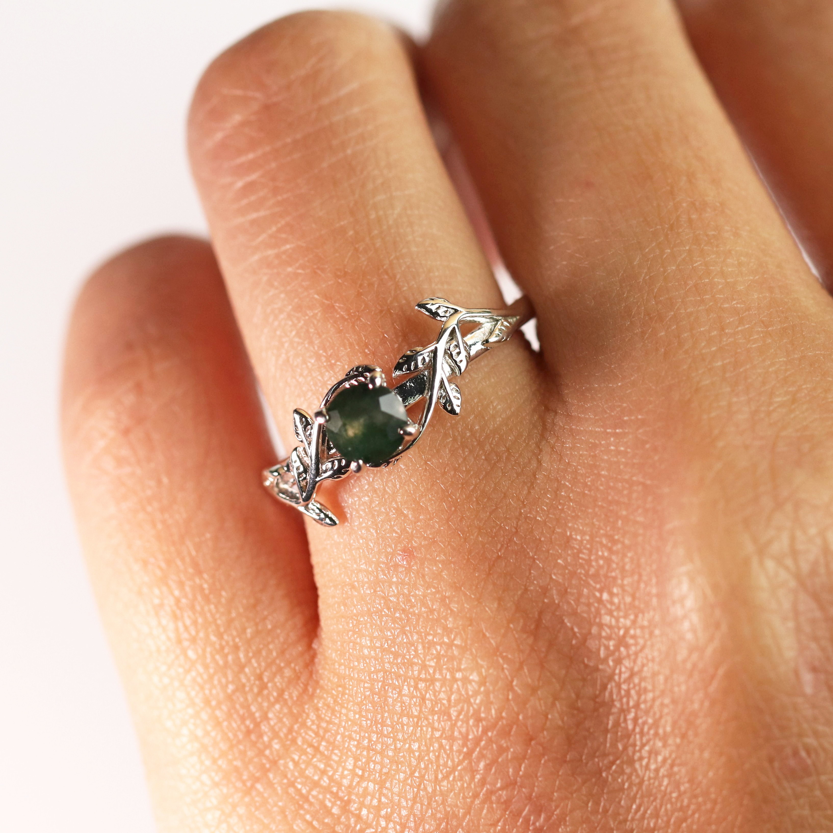 JeenMata Nature Inspired 0.50 Carat Natural Green Moss Agate Solitaire Engagement Ring - Forest Ring - 18K White Gold Over Silver - image 5 of 5
