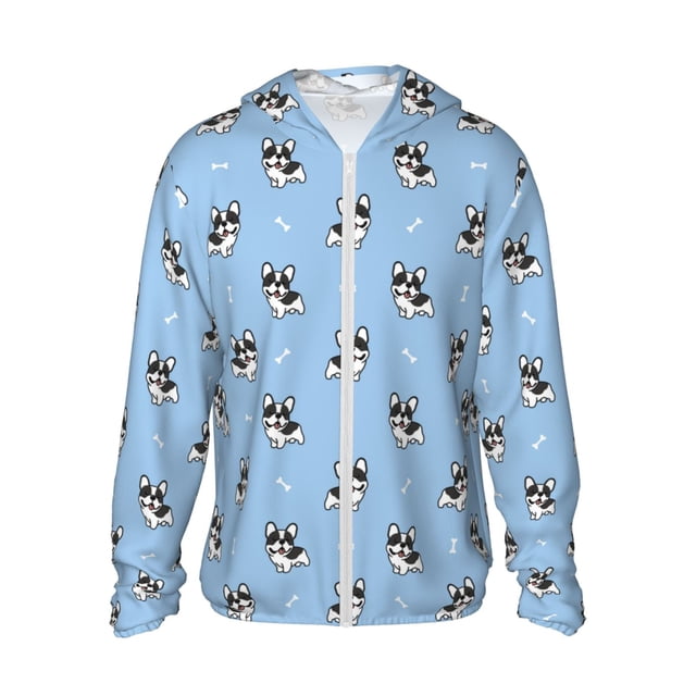 KLL Imprimé Chiot Bouledogue Français Hommes Femmes UPF 50+ Protection Solaire Veste à Capuche Manches Longues Pêche Randonnée Performance Chemise-Moyen