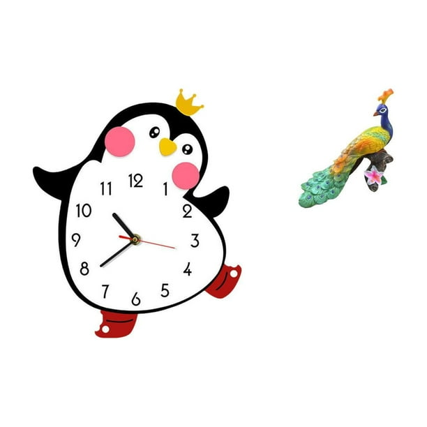 Reloj de pared,Reloj de pared silencioso y decorativo que no hace tictac,Reloj de pared silencioso de pingüino pequeño Reloj de madera,Estatua del pavo real,Estatua de pavo real,adorno de