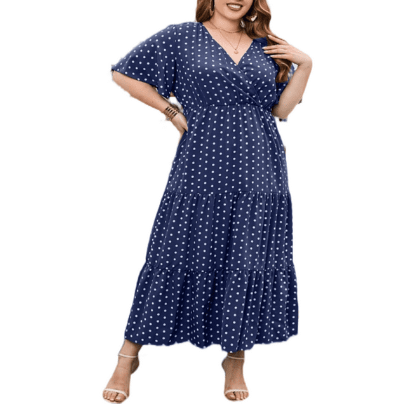 Cuteduck Plus Size Women's Polka Dot Short Sleeve Dress, V-Neck Casual A-Line Pleated Midi Dress 1X-8X