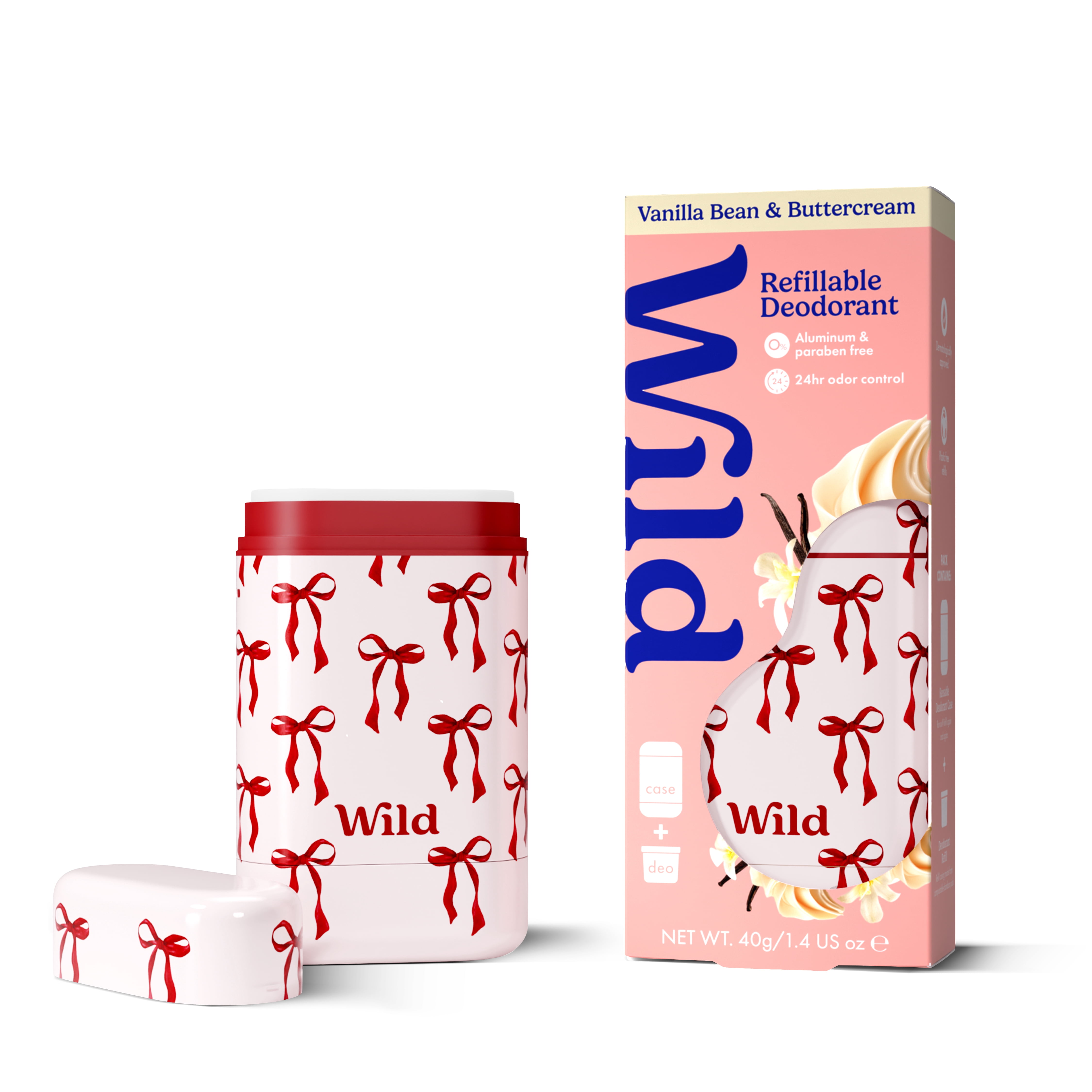 Wild Refillable Deodorant Starter Pack - Aluminum Free. Bow Case + Vanilla Bean & Buttercream Refill, for Women and Men, 1.4oz