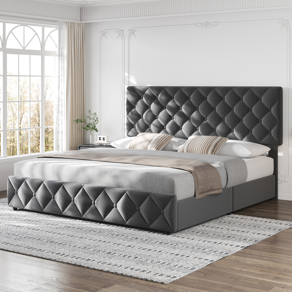 Eastvita Full/Queen/King Size Bed Frame with 4 Storage Drawers and Headboard, Linen Upholstered Platform Bed Frame, Diamond Stitched Button Tufted, Easy Assemble, Noise-Free, No Box Spring Needed
