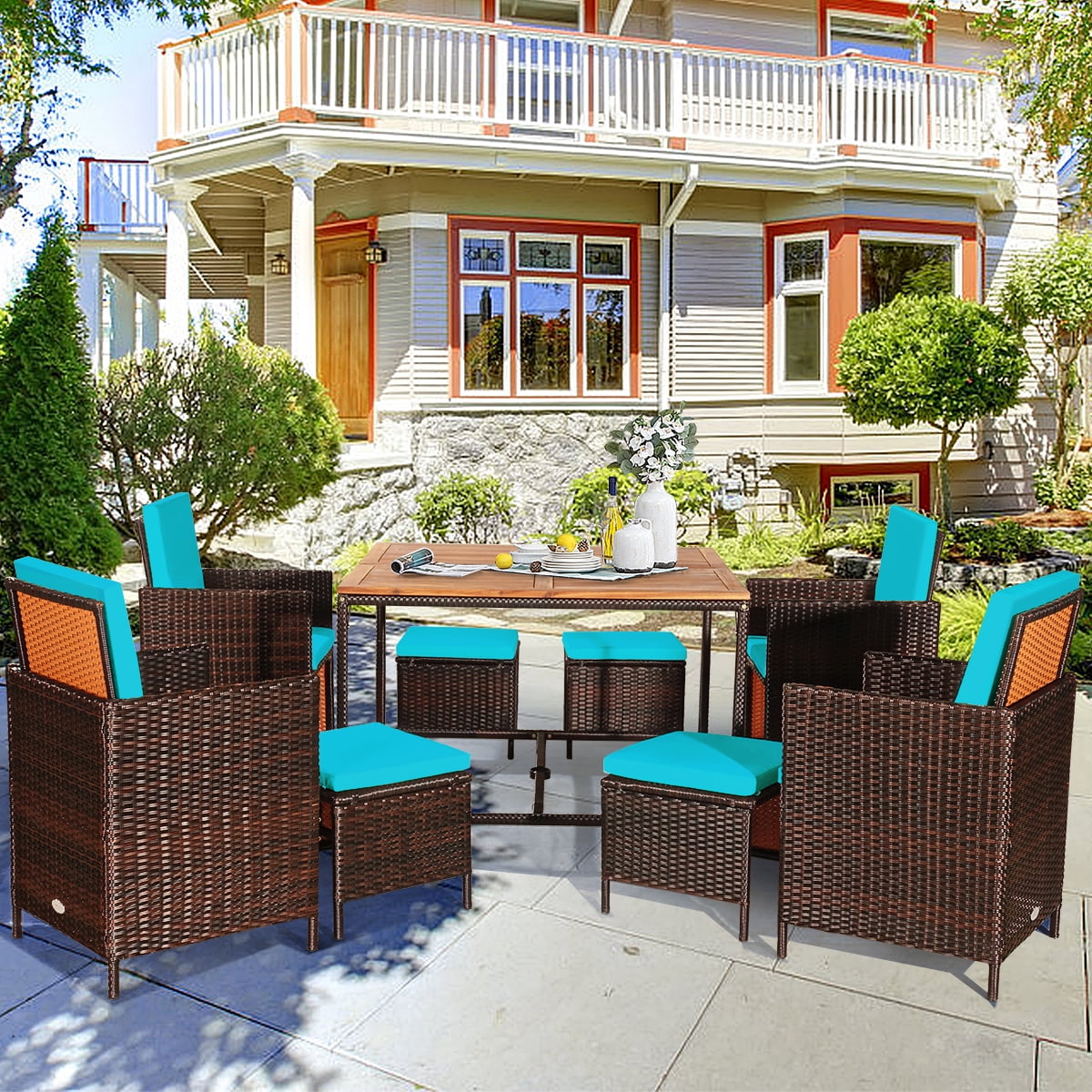 Topbuy 9 PCS Outdoor Patio Dining Set Conversation Furniture W/ Removable Cushions Turquoise