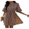 thumbnail image 1 of Women Summer Boho Flower Print Flare Half Sleeve  Ruffle Neck Tunic Mini A-line Dress, 1 of 6