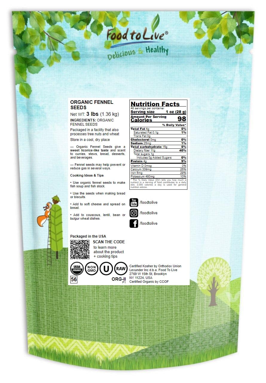 Organic Fennel Seeds, 3 Pounds — Whole, Non-GMO, Kosher, Vegan, Bulk - Food to Live