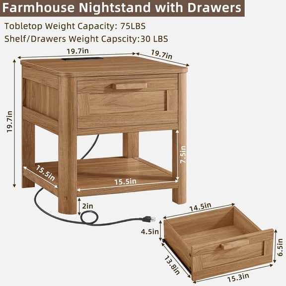 Farmhouse End Table Set of 2 with Charging Station, Dark Wood Nightstand with Drawer and Open Shelf for Bedroom Living Room