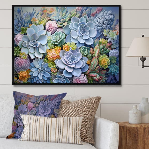 Designart "Charming Blue-Green Succulent Oasis" Succulent Floater Framed Wall Art Prints