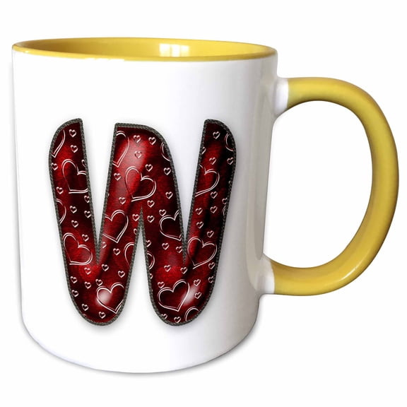 3drose, Pretty Deep Red Clear Hearts Monogram Initial W, 11oz Two-tone Yellow Mug