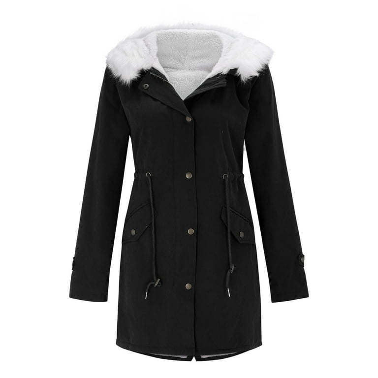 Jtckarpu Women's Fleece Lined Rain Jacket Plus Size Outdoor Waterproof  Hooded Raincoat Winter Warm Windproof Trench Coat S-5XL