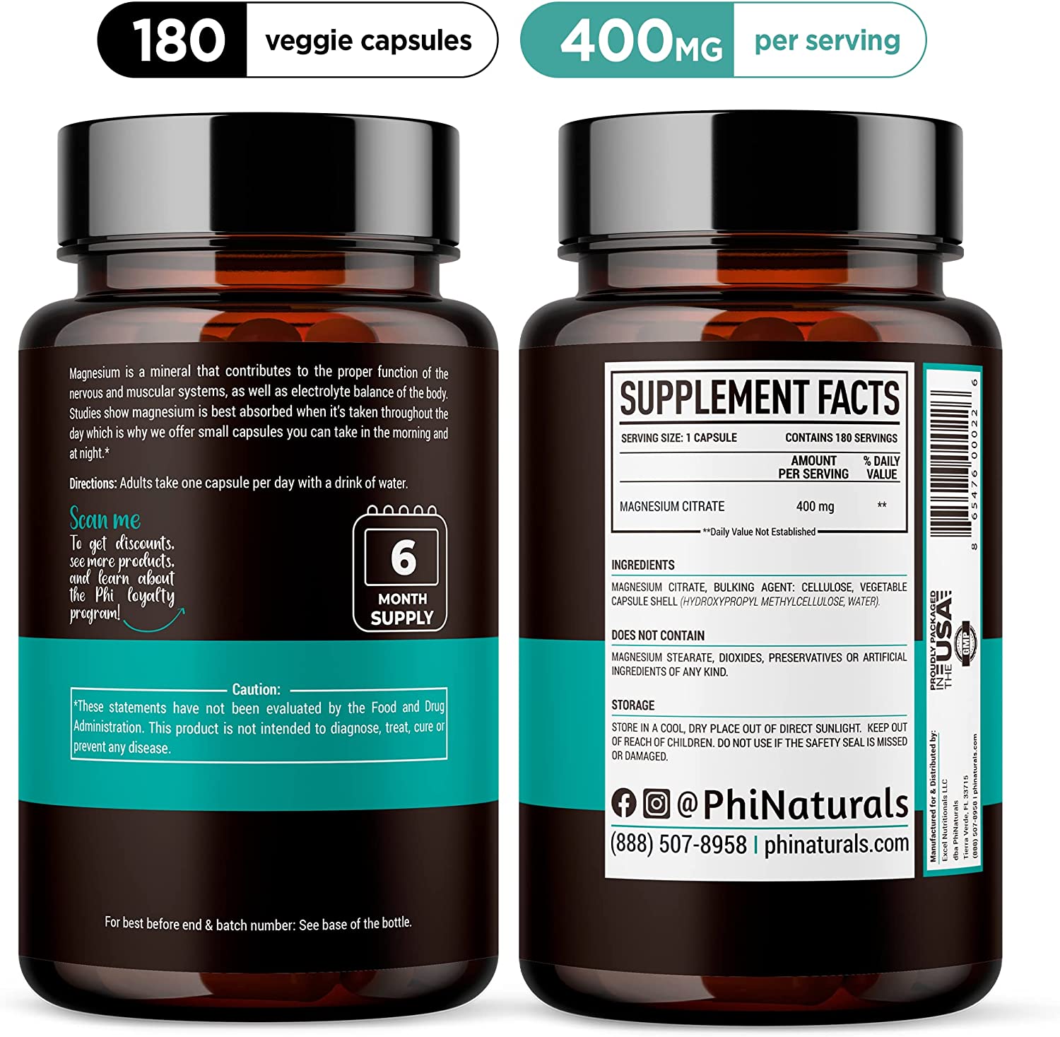 Magnesium Citrate Powder Capsules 400mg - 180 Count Veg Caps - PhiNaturals Supplements - Nervous System Support* and Enzyme Function*
