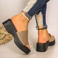 thumbnail image 3 of Platform Slides for Women Square Open Toe Elastic One Band Slip on Wedge Sandals Summer Casual Slippers Khaki Size 6, 3 of 6