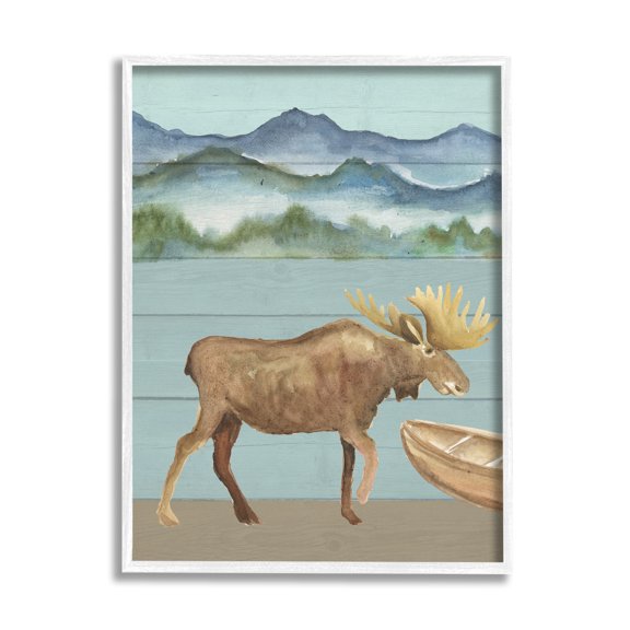 Stupell Industries Rustic Moose at Lake Animals & Insects Painting White Framed Art Print Wall Art, 24 x 30