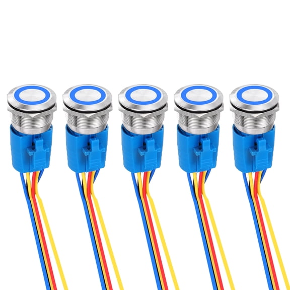 5 Pcs 5/8 Inch Stainless steel Latching Button Switch 1NO1NC 5A 12-24V Blue Ring Lamp with Socket Plug with Wire
