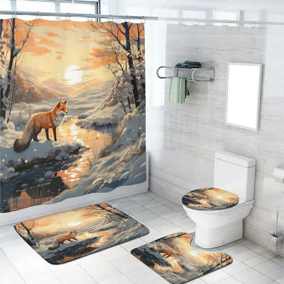 Fox 4 Pcs Shower Curtain Set Winter Forest Cabin Wildlife Country Farmhouse Hunting Bath Curtain for Bathroom Waterproof Fabric Bathroom Decor Set, 72x72 Inch