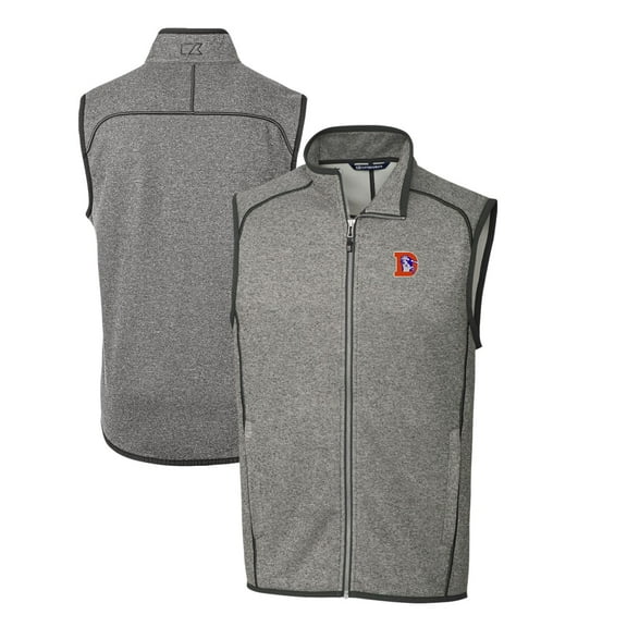 Men's Cutter & Buck Heather Gray Denver Broncos Throwback Logo Mainsail Sweater-Knit Big & Tall Full-Zip Vest