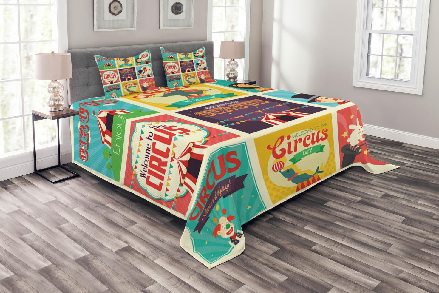 Circus Bedspread Set Queen Size, Composition of Old Circus Icons Carnival  Magicians Old Fashioned Nostalgic Festive, Quilted 3 Piece Decor Coverlet 