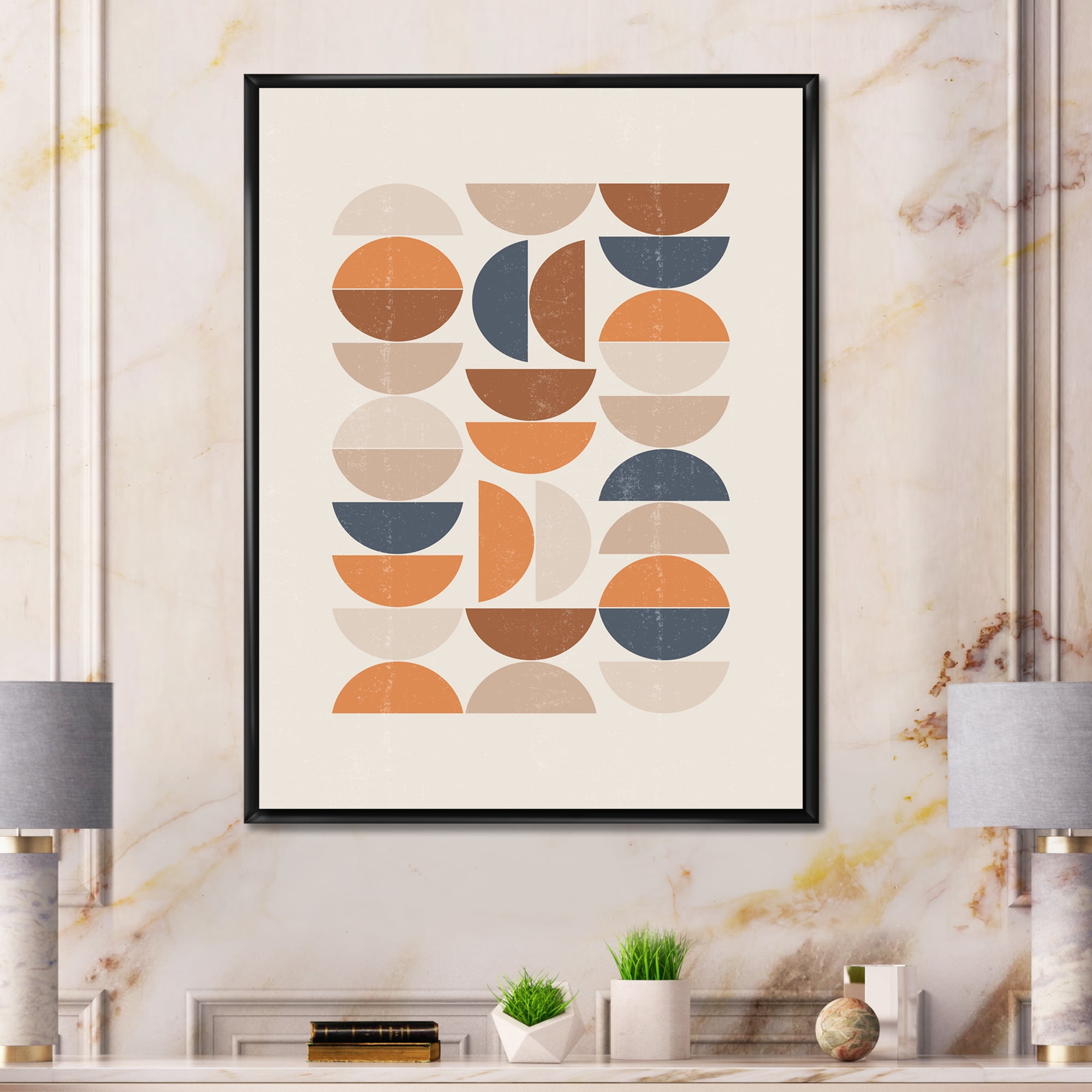 Designart 'Abstract Moon and Sun In Orange and Blue' Modern Framed Canvas Wall Art Print