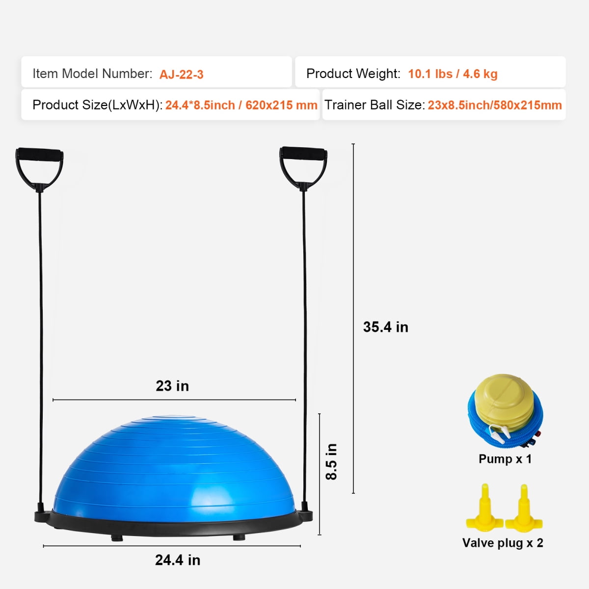 ZHICHUN 23 Inch Half Exercise Ball Trainer 660 lbs Stability Yoga Ball with Resistance Bands & Foot Pump Blue