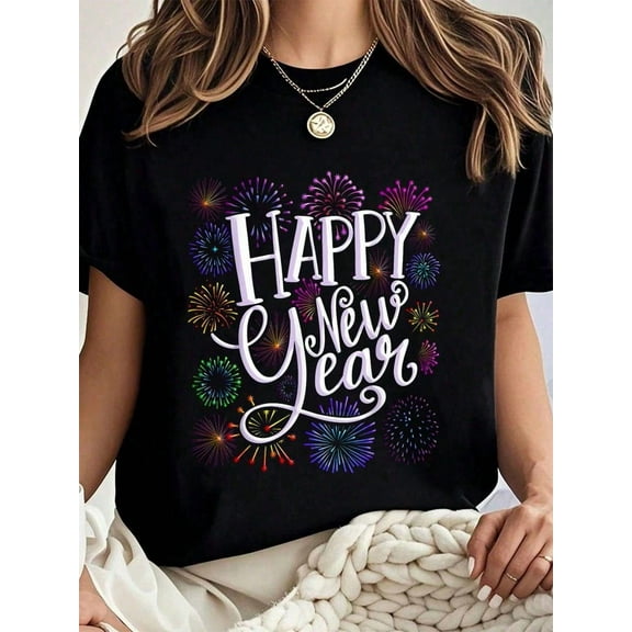 100% Cotton Happy New Years Fireworks New Years Eve Party Supplies 2026 T-Shirt Summer Tees Women