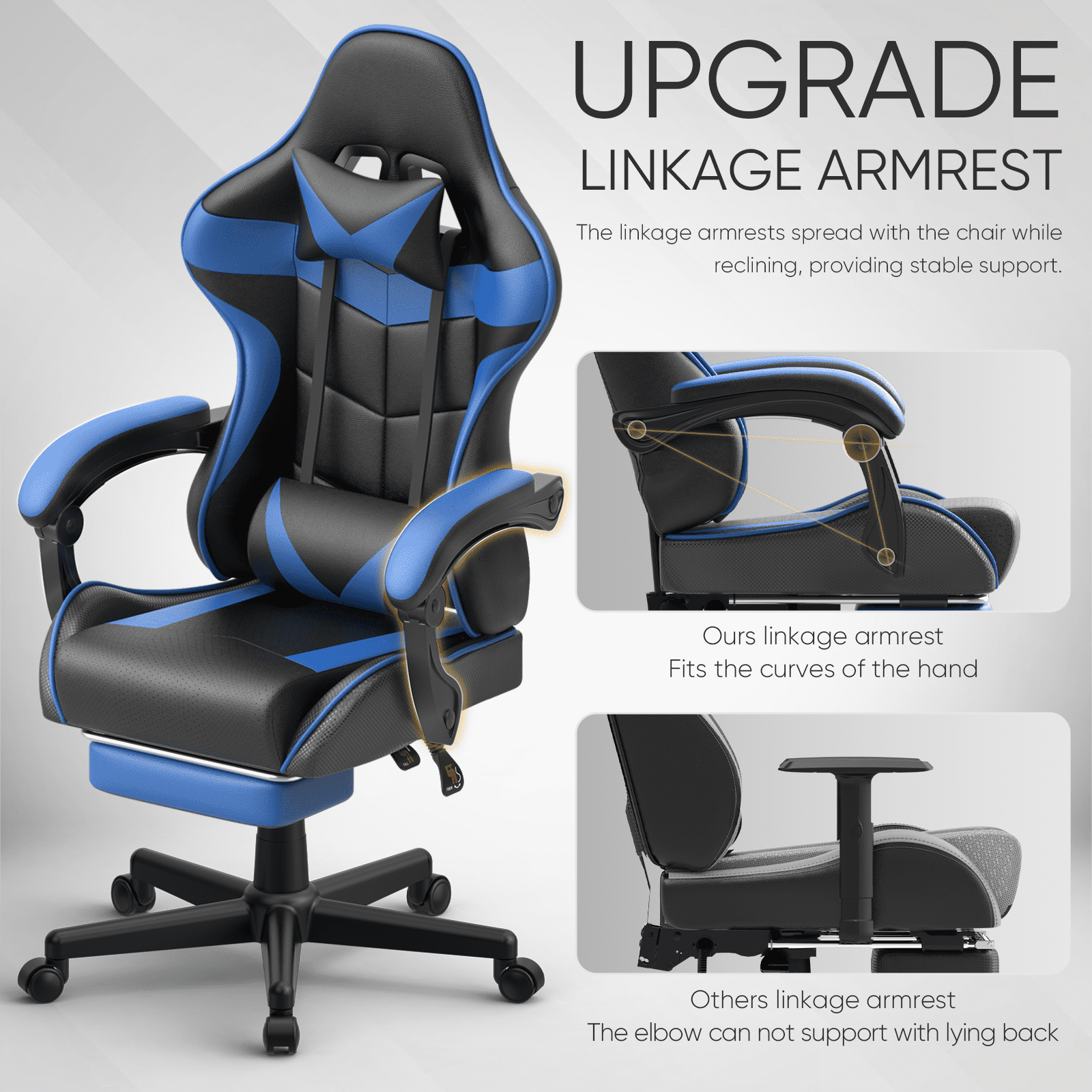 Huracan Gaming Chair with Footrest, Adjustable Height Computer Office Chair with Massage Lumbar Pillow&Headrest, Ergonomic High Back Leather Gamer Game Desk Chair for Adults,Blue