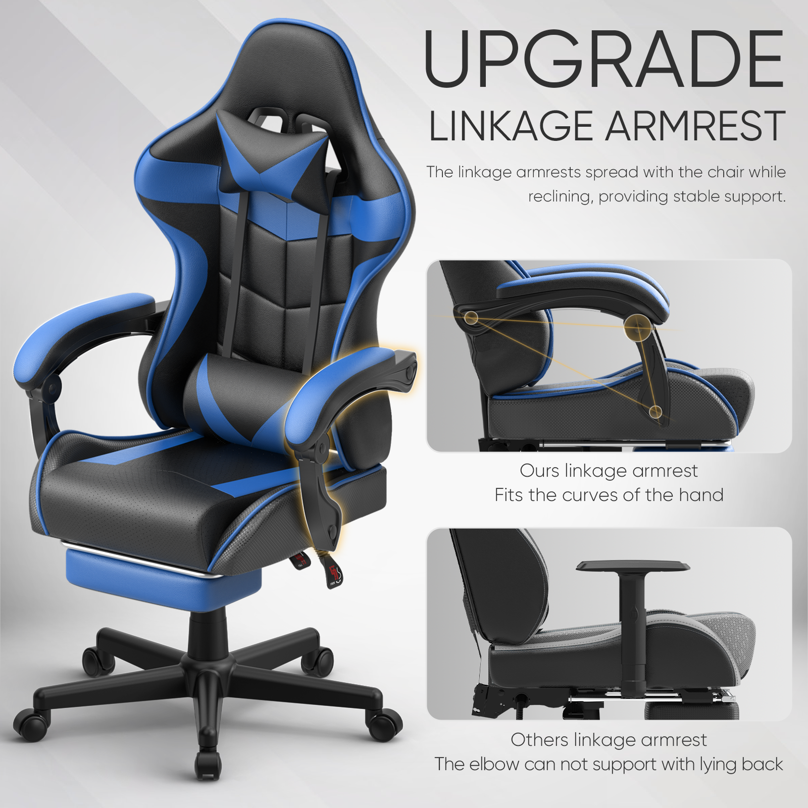 Huracan Ergonomic Gaming Chair with Massage Lumbar Pillow, Blue photo 6