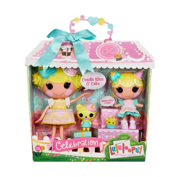 Lalaloopsy Doll Set - Candle & Wishes Slice O' Cake - Large & Little Dolls with Yellow Hair & Hat - With Pet Pug & Cupcake Pig - Changeable Outfit, Reusable House Packag