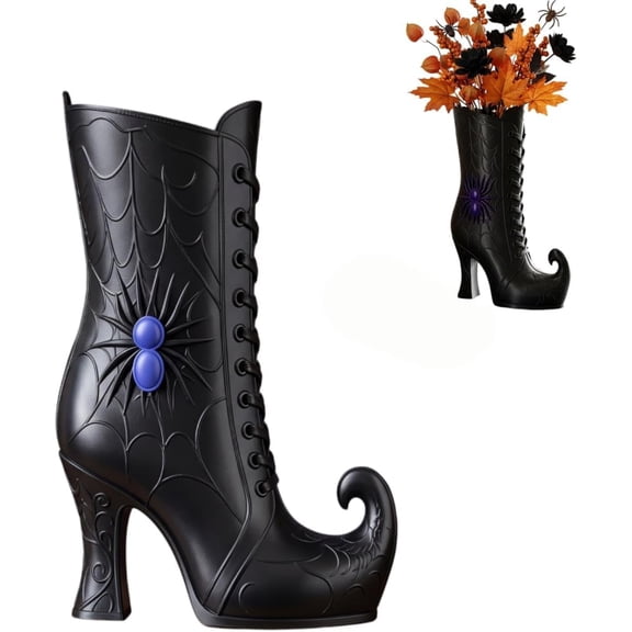 Gothic Witch Boot Vase, Printed Halloween Centerpiece With Artificial Floral Display In PETg Resin, Ideal For Fireplace, Table, Mantel, Home Parties And Seasonal Decor
