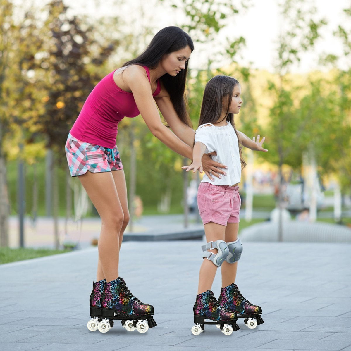 EONROACOO Boys Girls Roller Skates for Kids Teen, Light up Black Double Row Skates(Youth 4/Women's 4.5/Men 4)