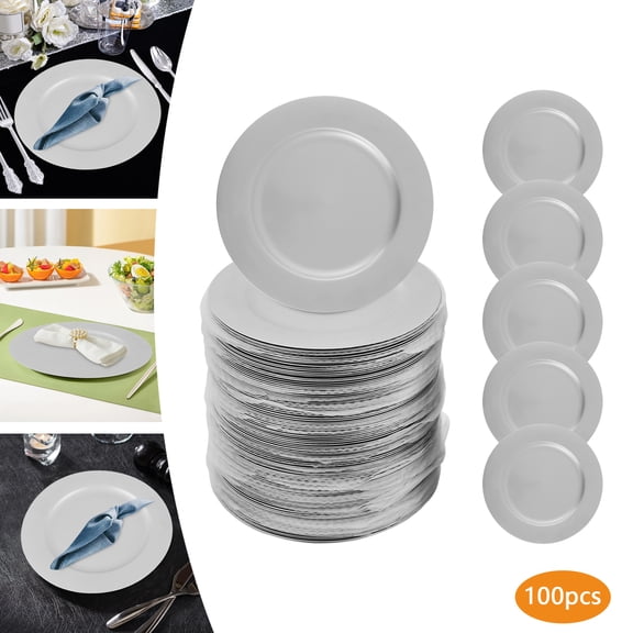 100-Pack Silver Round Charger Plates, 13 Inch PP Plastic for Wedding Party