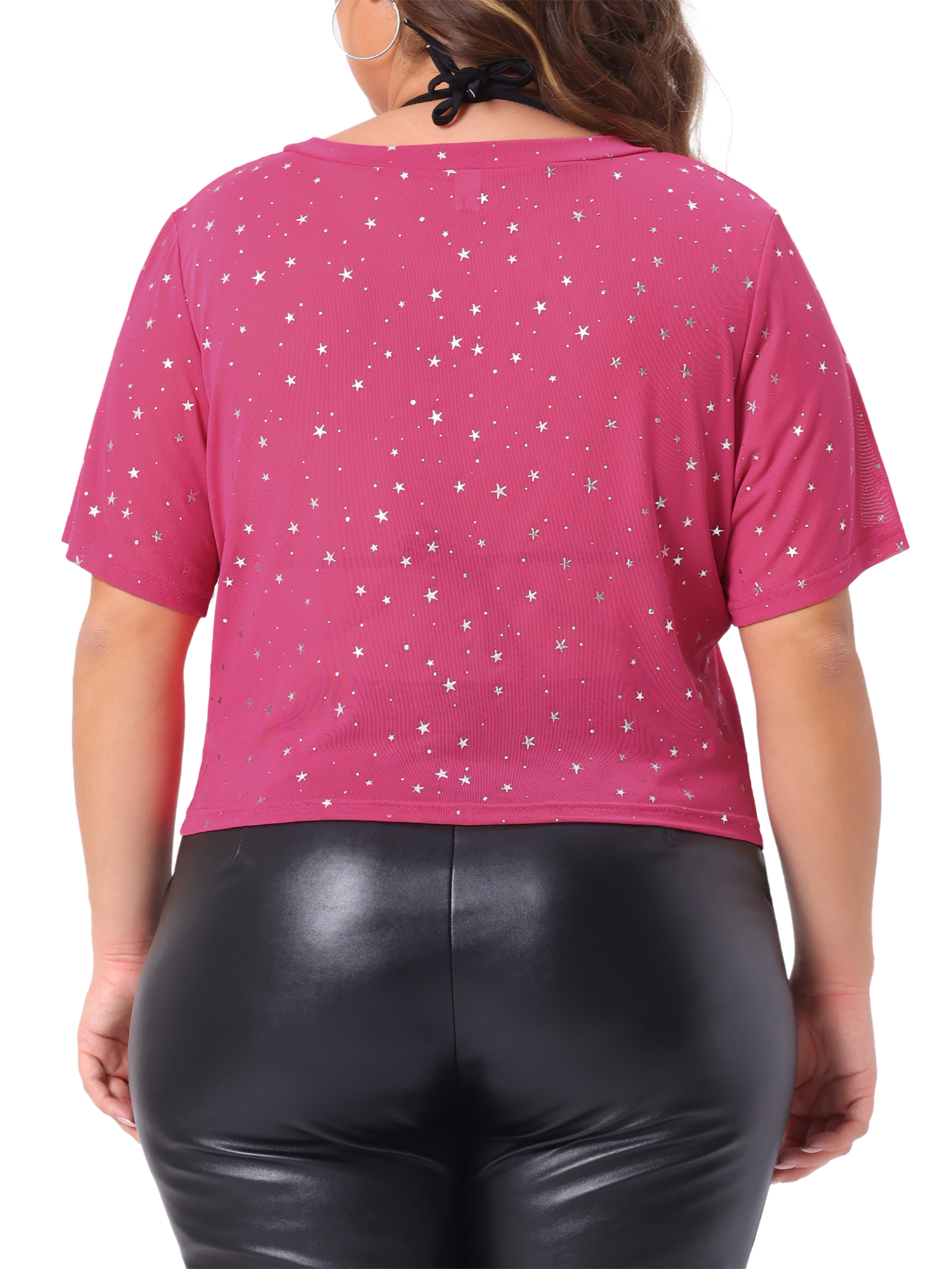 DARING DIVA Women's Plus Glitter Silver Star Sheer Crop Blouse 4X Hot Pink