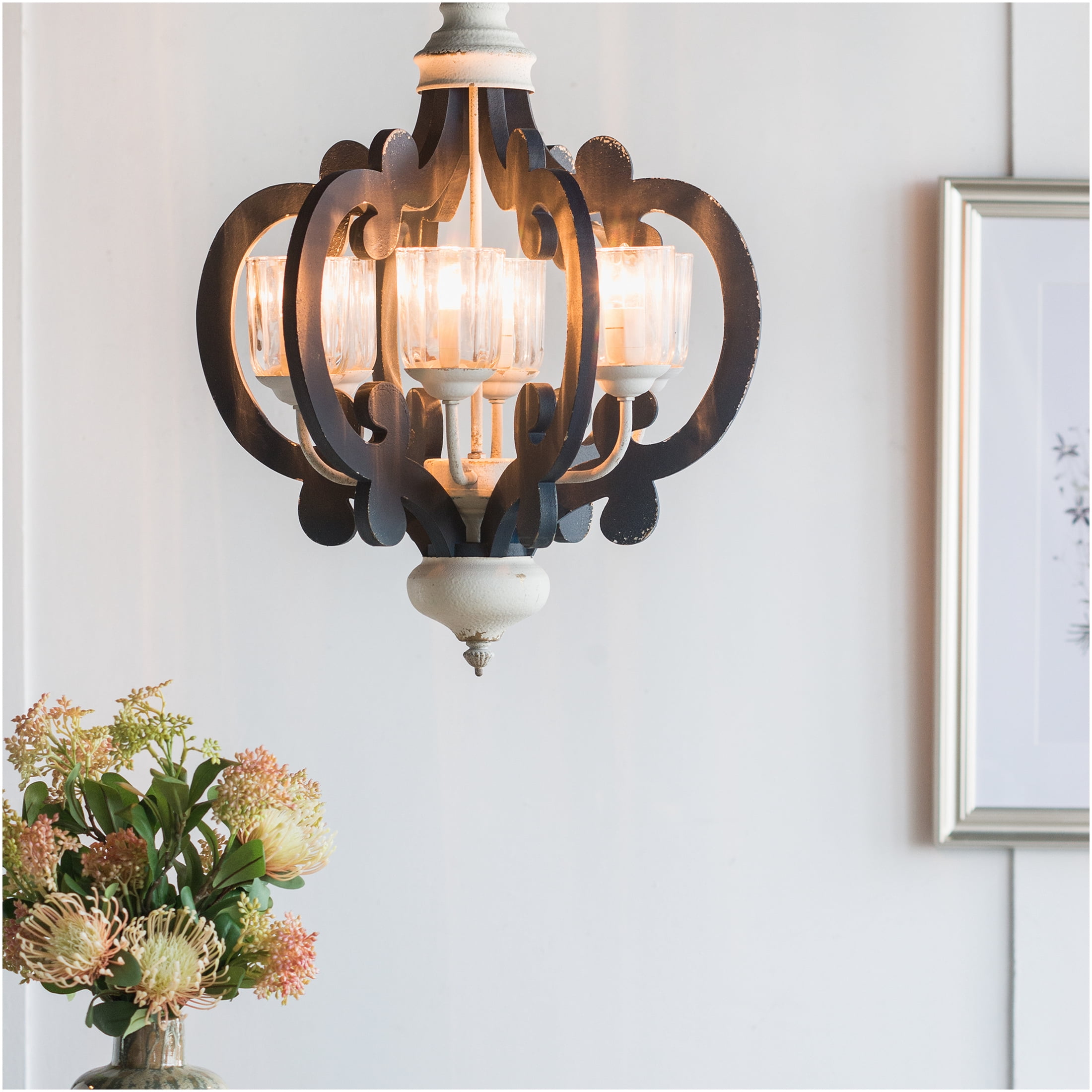 JERFIT 6-Light Farmhouse Chandelier Pendant Light Fixture, Cream Wood & MDF Hanging Lighting for Kitchen Island Dining Room, Hardwired, No Bulbs Included