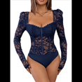thumbnail image 1 of Body de Larga con Encaje Floral Transparente para Mujer, Top con Escote Corazón Azul Oscuro XL, 1 of 10