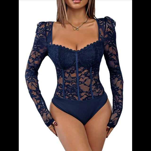 Body de Larga con Encaje Floral Transparente para Mujer, Top con Escote Corazón Azul Oscuro XL