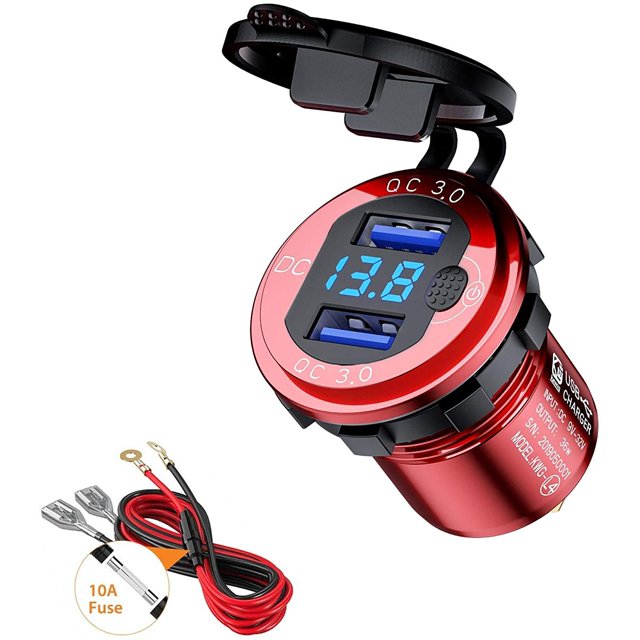 Cargador de coche USB de carga rápida QC 3.0 de doble puerto de 36 W, adaptador de carga rápida impermeable con voltímetro digital LED para 9 V - 32 V, barco, motocicleta, ATV, autobús, camión, SUV (rojo) Rojo Verde