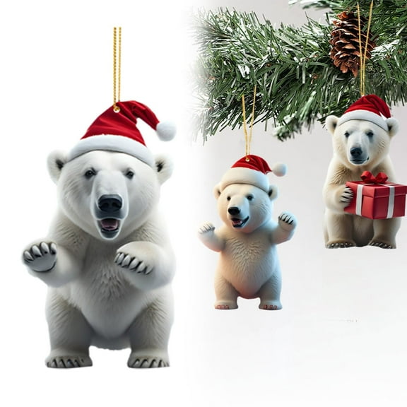 Clearance! Christmas Bear with Santa Hat Decor Acrylic Xmas Christmas Decorations for Tree 2D Flat Hanging Pendant Santa for Tiny Christmas Tree Funny New Year Christmas Tree Orna