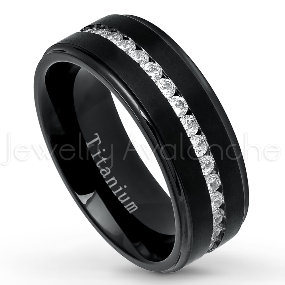 Titanium Mens Wedding Band - Comfort Fit Brushed Finish Black IP Eternity CZ Center Titanium Anniversary Ring -#587WFs7