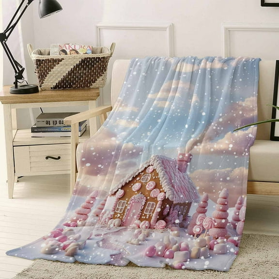 Christmas Candy House Tree Throw Flannel Blanket 50x80In Gingerbread Marshmallow Winter Snow Pink Super Soft Cozy Bed Blanket, Lightweight Plush Fuzzy Bed Throw for Bedroom Sofa Couch Living Room