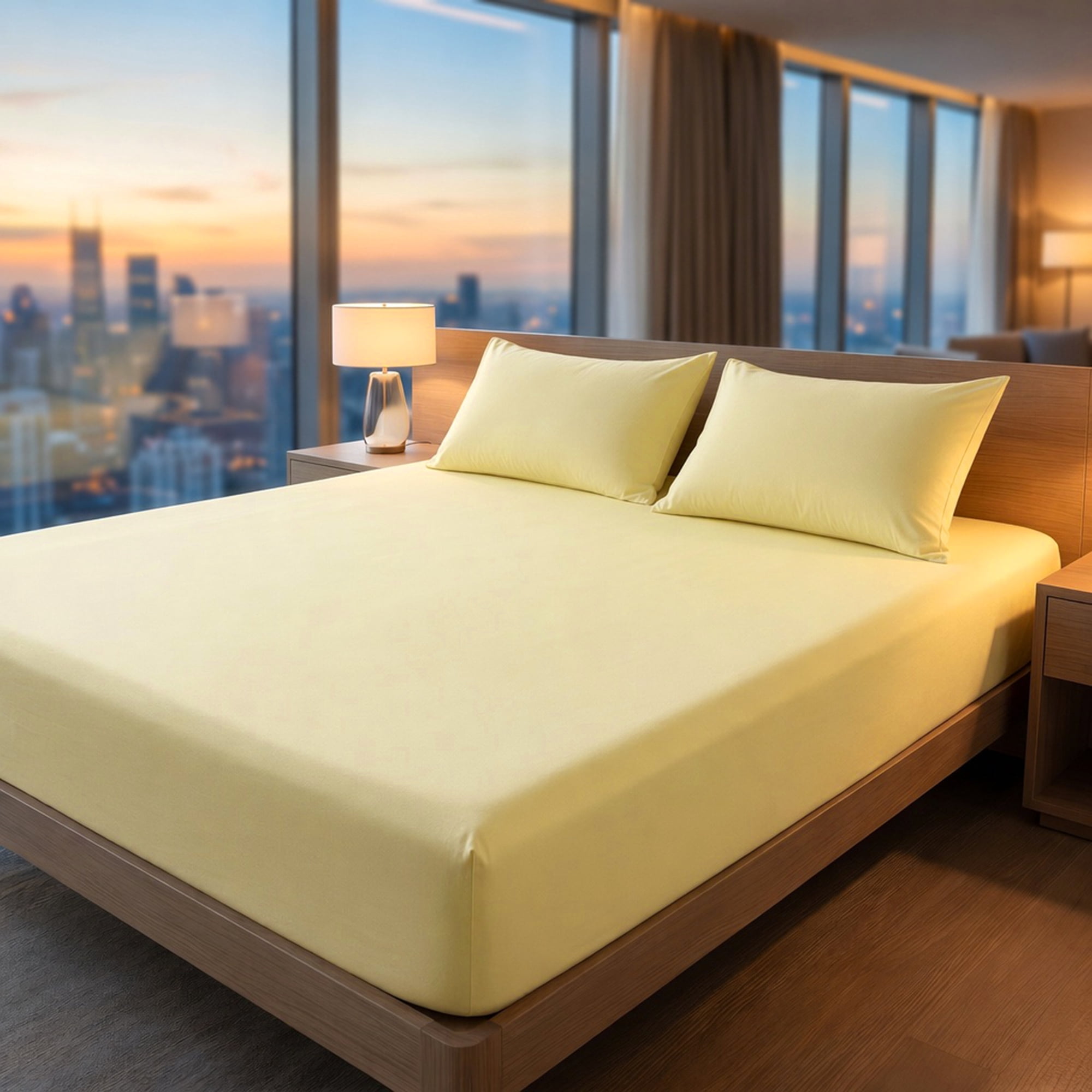 Unique Bargains Fitted Sheet Solid Cotton Bed Sheets Breathable Creamy yellow 60.2"x79.9"