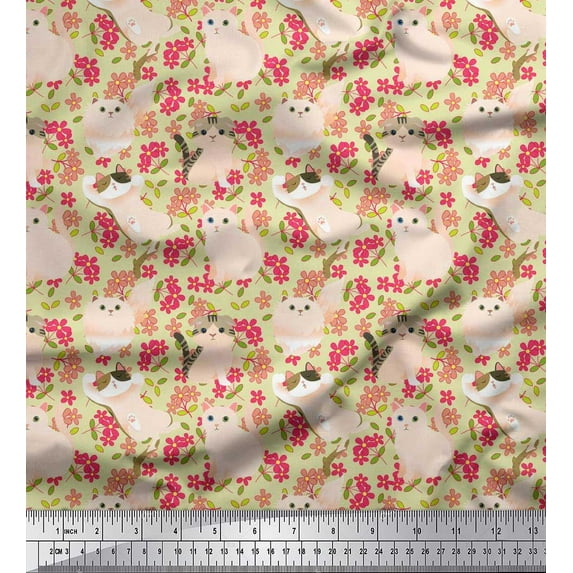 Soimoi Polyester Crepe Fabric Floral,Gift Box & Cute Animals Animal Print Fabric by The Yard 52 Inch Wide