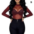 thumbnail image 2 of Camisa de la base de la mujer Sexy manga larga ver a través de la camiseta transparente de la dama casual camiseta Cuello redondo Cuello de fiesta Club femenino Tops Spring Wine Red S Inevent AP008921-07, 2 of 7