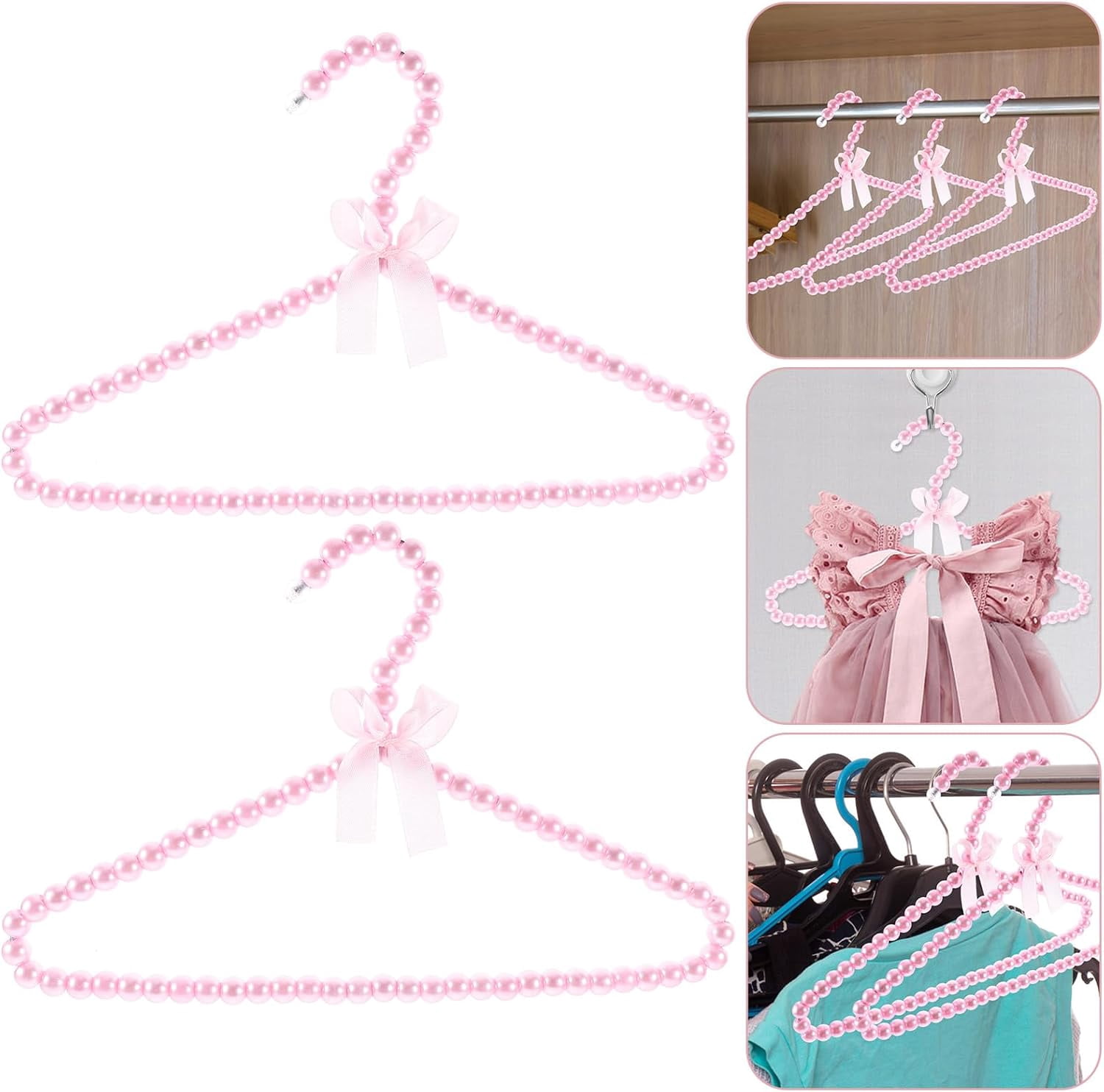 IULAVP 2 Pack Pearl Beaded Hangers for Kids, 11.8 x 7.5 Inch Plastic Baby Clothes Hangers with Bow, Non Slip Toddler Nursery Closet Organizer for Girl Dress, Dog Pet Apparel (Pink)