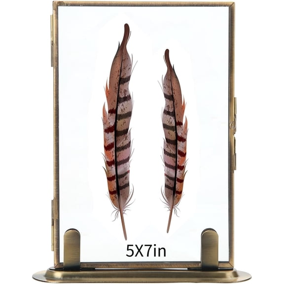 5x7 Brass Floating Frame Vintage Gold Picture Frames, Double Glass Pressed Flower Frame with Metal Stand, Tabletop Shelf Photo Frame Decor for Wedding Home Office