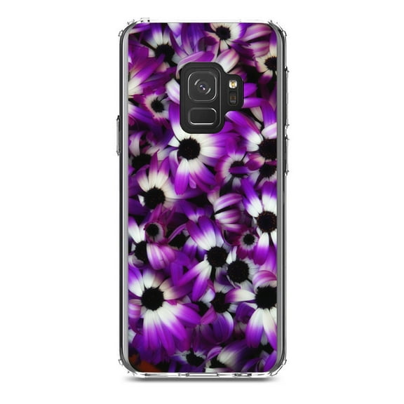 DistinctInk Clear Shockproof Hybrid Case for Samsung Galaxy S9 (5.8" Screen) - TPU Bumper, Acrylic Back, Tempered Glass Screen Protector - Purple White Black Flowers