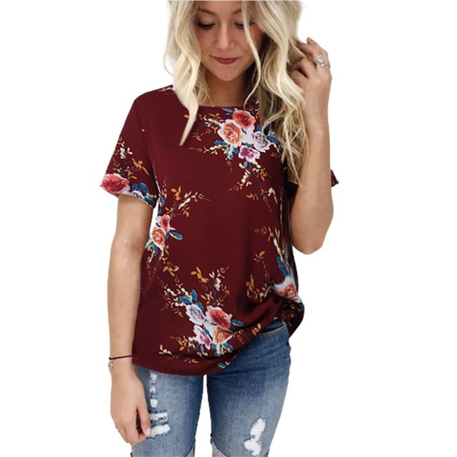 DYMADE Blouse Décontractée à Manches Courtes Imprimé Floral Col Rond pour Femmes