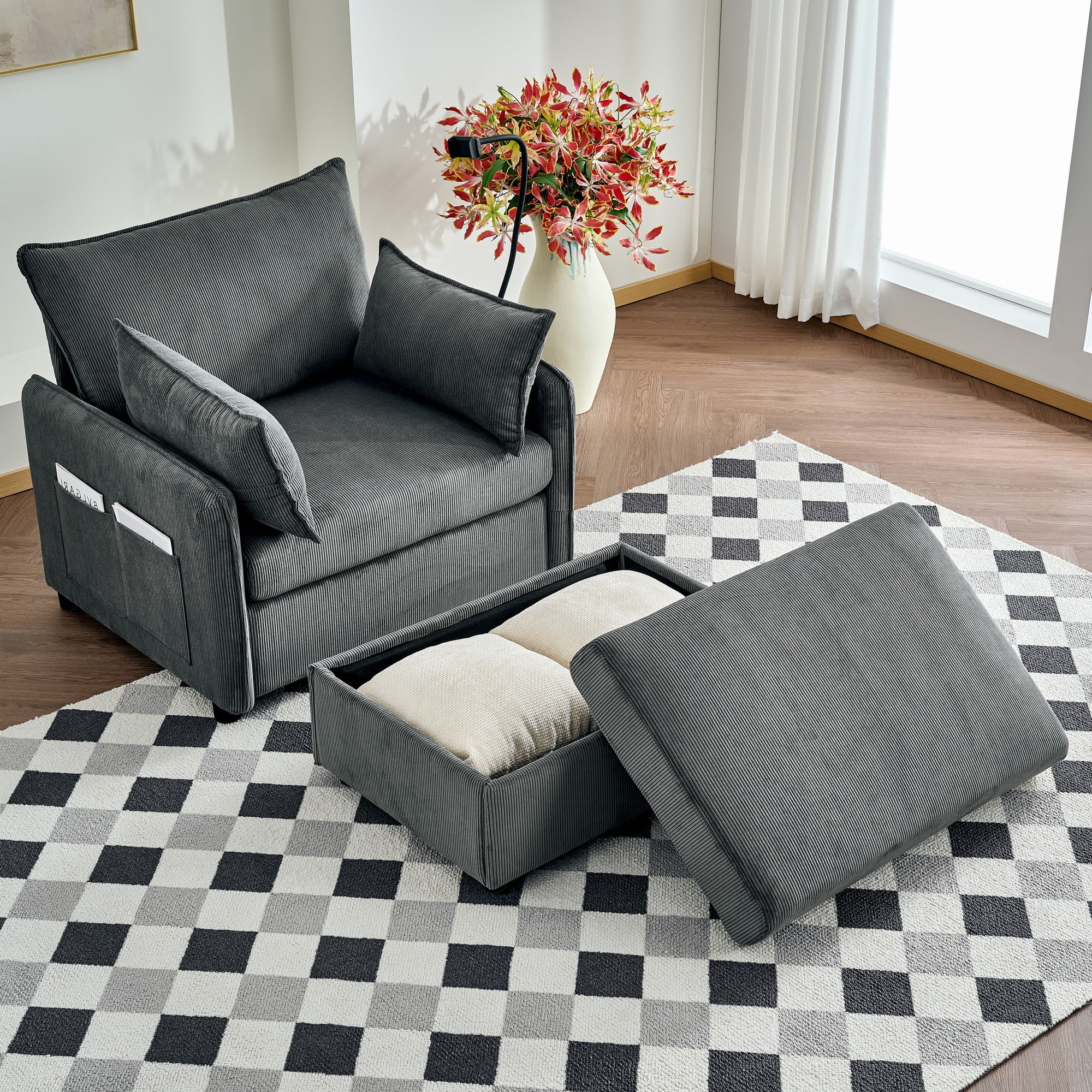 Euroco 55" Oversized Chaise Lounge Chair Indoor with Ottoman and Storage , Comfy Corduroy Single Sofa, Upholstered Deep Seat Chaise Lounge with Pillows for Living Room, Bedroom, Apartment, Grey.